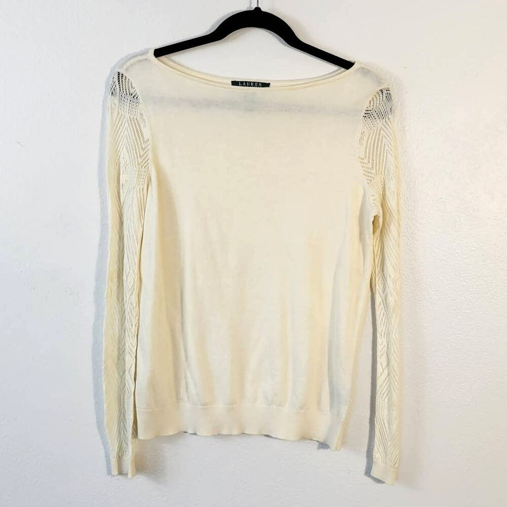 Lauren Ralph Lauren Sweater M Cream Pointelle Sleeve Old Money Preppy Classic